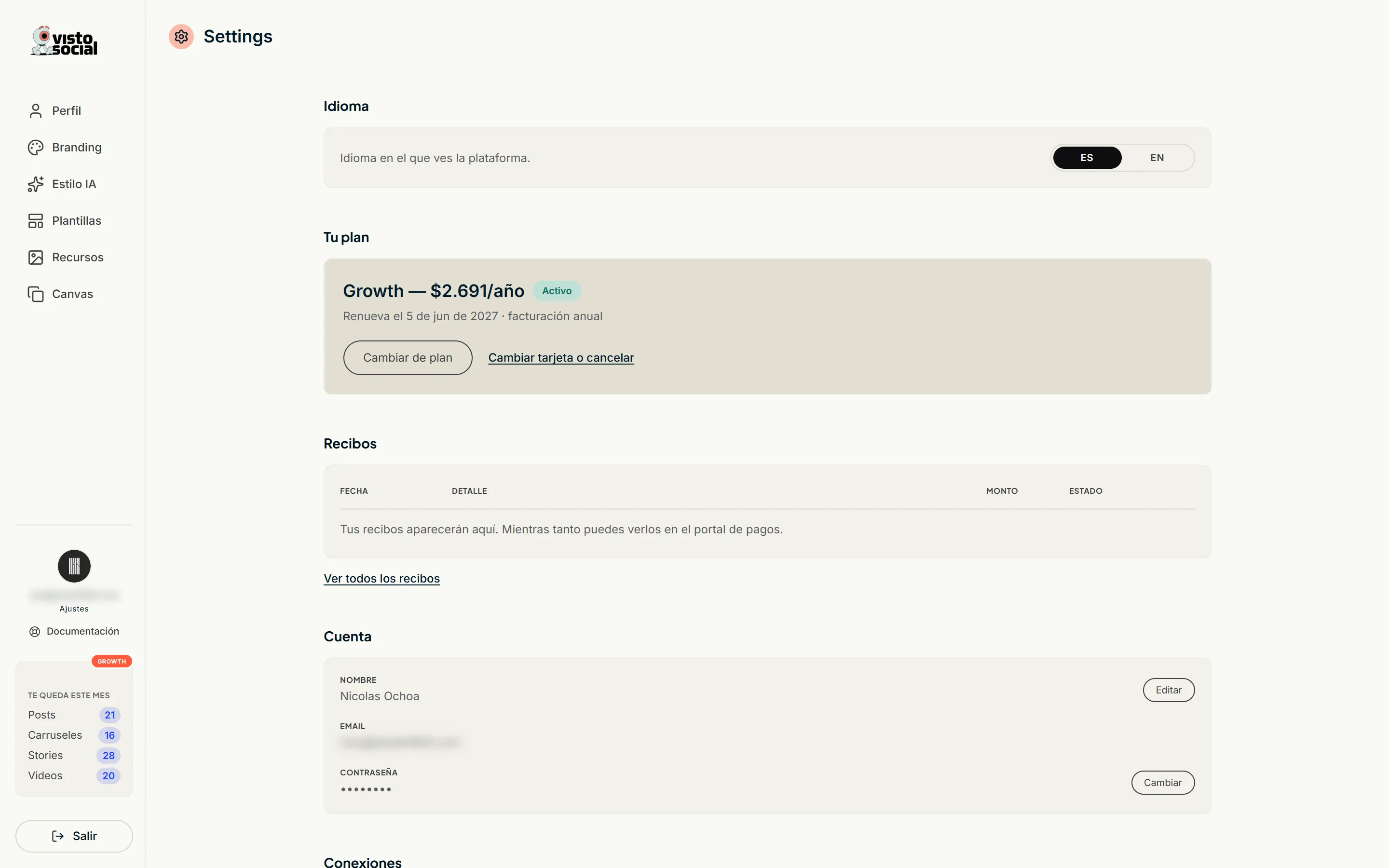 Visto's Settings screen