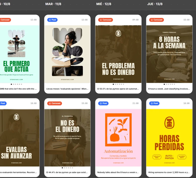 The Visto canvas showing a week of content: every piece on its day, ready to approve.